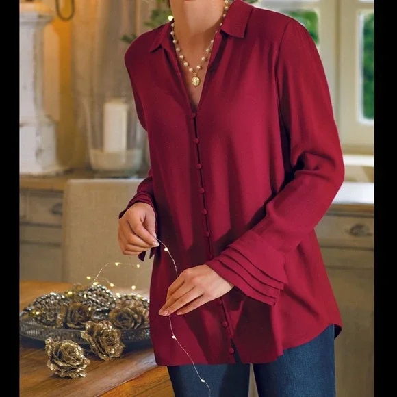 Soft Surroundings Red Sonnet Button Front Ruffled Sleeve Tunic Poet Blouse 2X - Picture 1 of 7
